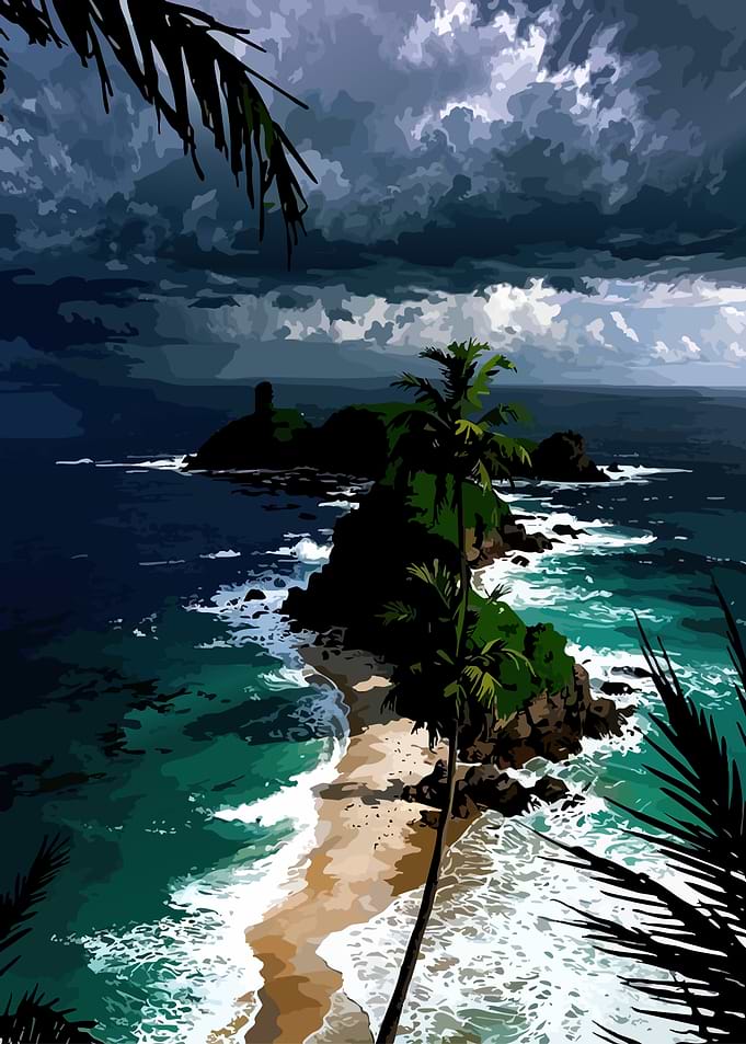 Tropical Island Under Stormy Skies