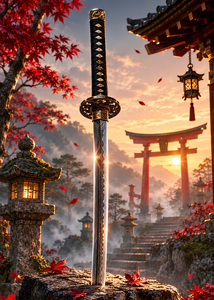 Katana Sword in Japanese Temple Garden