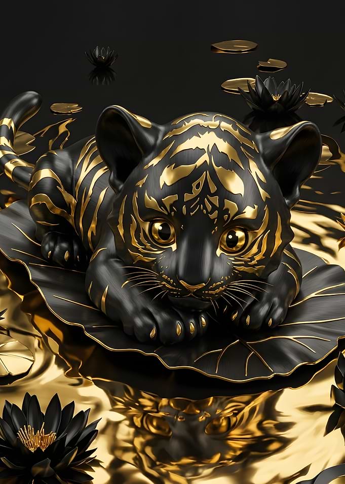 Black and Gold Tiger Cub Sculpture