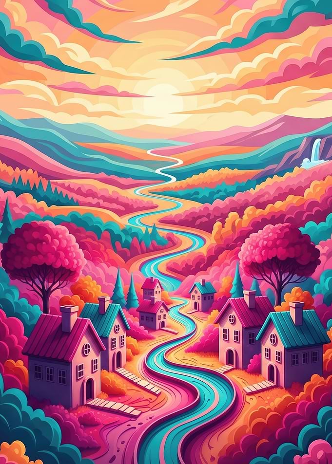 Vibrant Colorful Landscape with Winding River