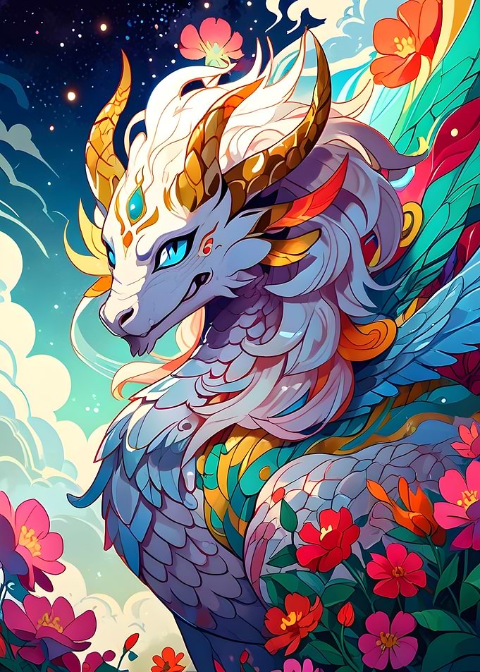 Majestic Celestial Dragon Among Flowers