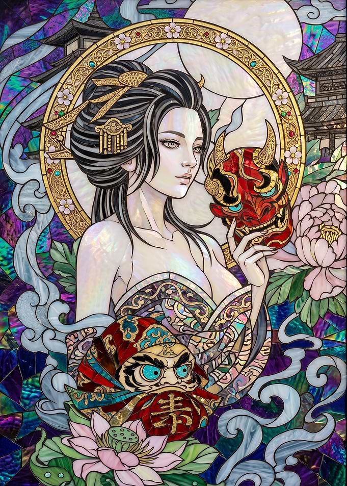 Stained Glass Geisha with Oni Mask