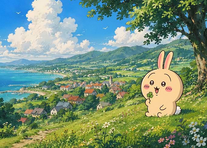 Cute Bunny in Ghibli-Style Landscape