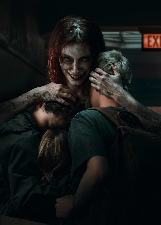 Creepy Woman Embracing Two Children