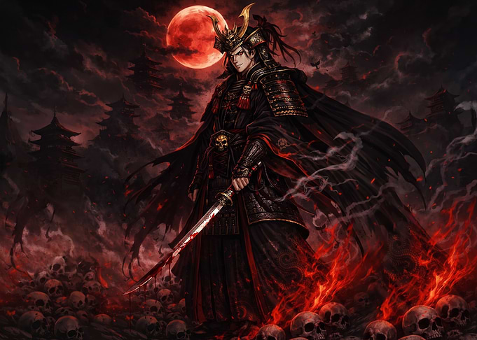 Dark Samurai Warrior Under Blood Moon