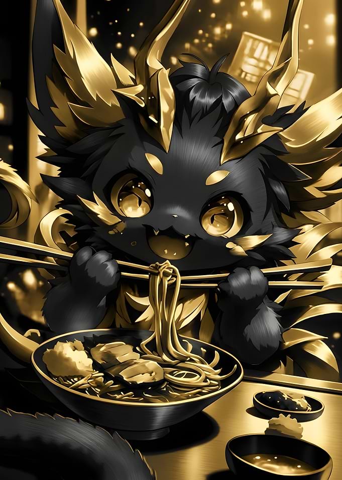 Cute Black and Gold Dragon Eating Ramen