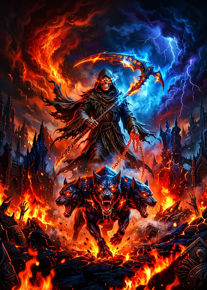 Grim Reaper and Cerberus in Hell