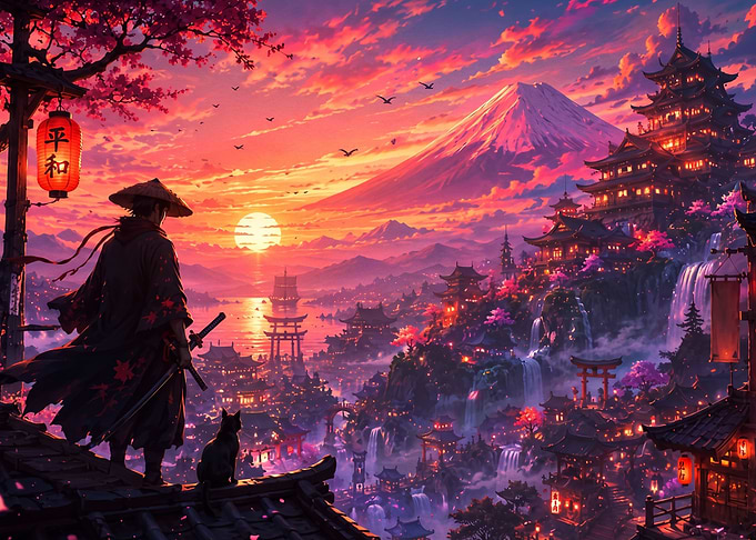 Samurai Watching Sunset Over Japanese Village