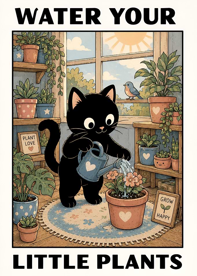 Cute Black Cat Watering Plants Poster