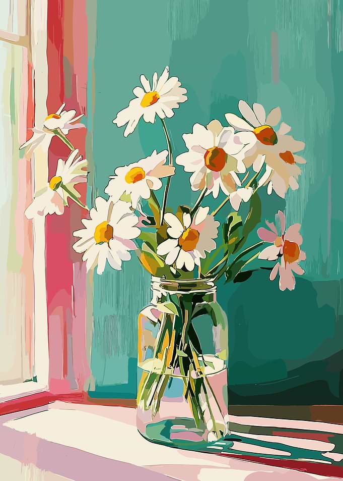 White Daisy Bouquet in Mason Jar Canvas Wall Art | Colorful Floral Painterly Poster