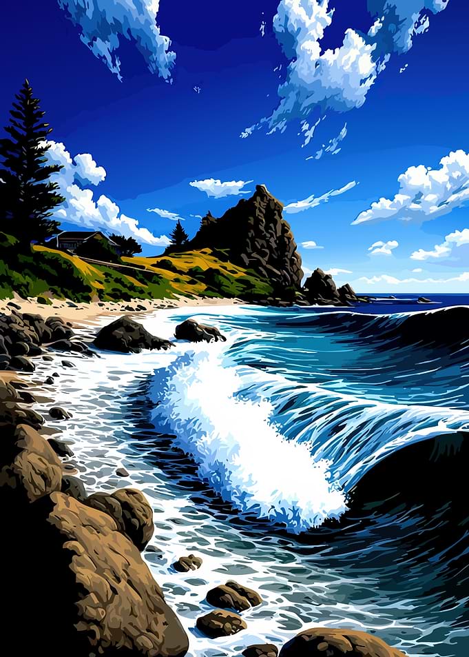 Vibrant Coastal Landscape with Crashing Waves