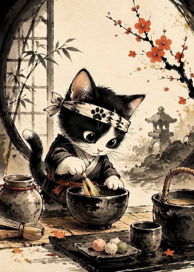 Cute Ninja Kitten Making Matcha Tea