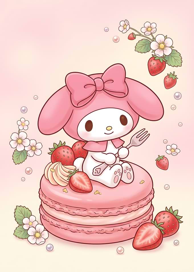 My Melody Sitting on Strawberry Macaron