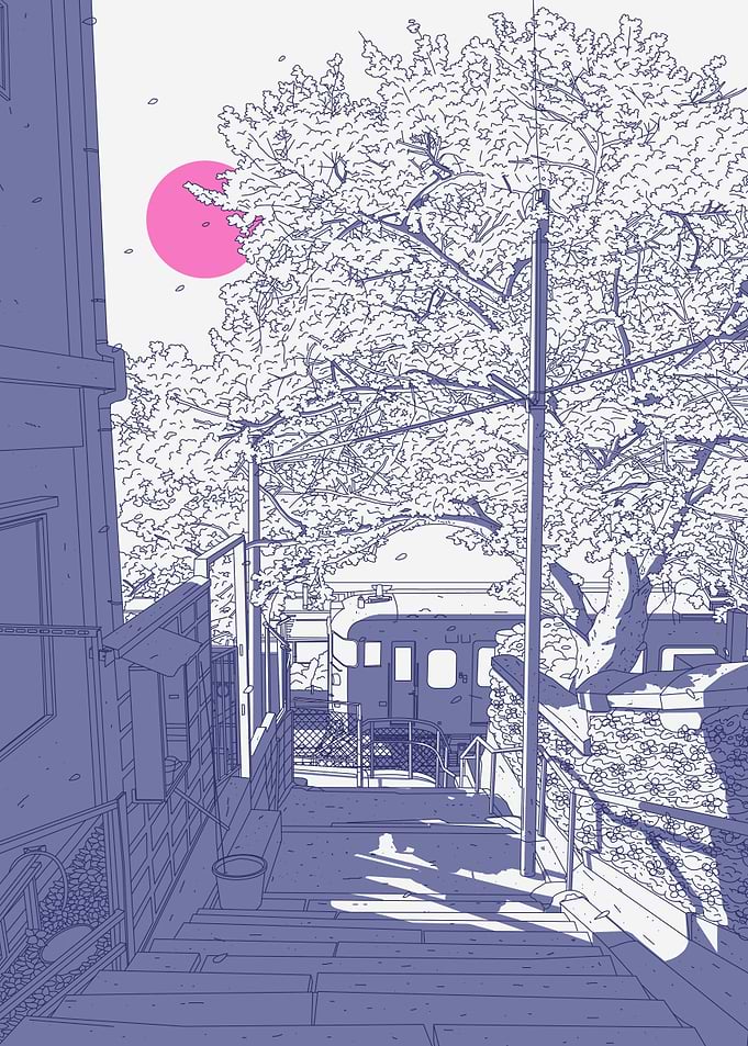 Anime Style Staircase with Train
