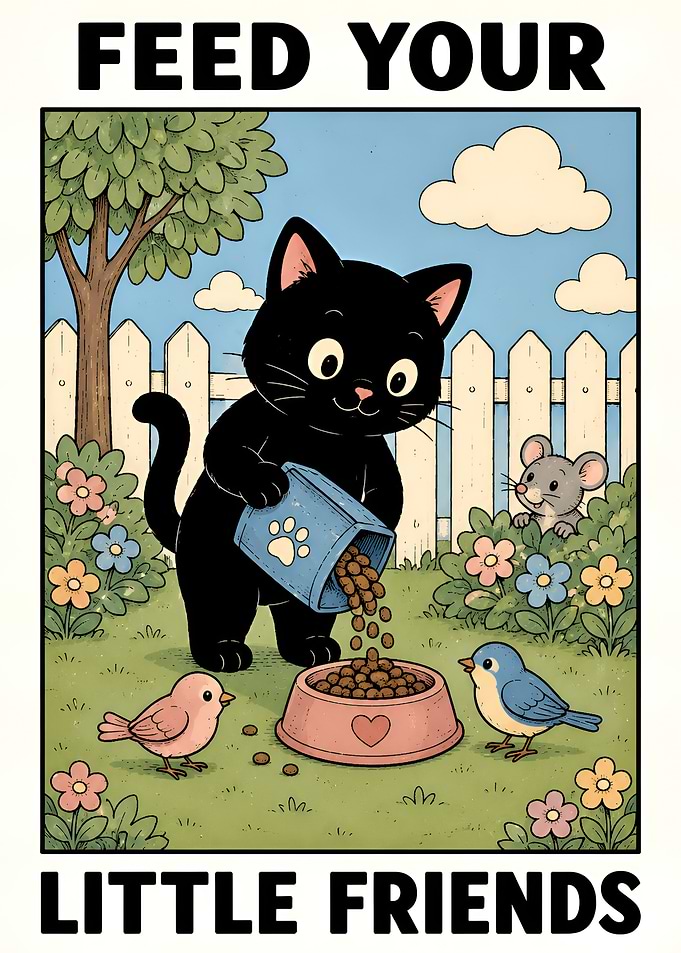 Black Cat Feeding Little Friends