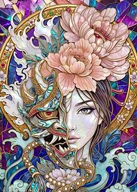 Stained Glass Hannya Mask Woman Portrait