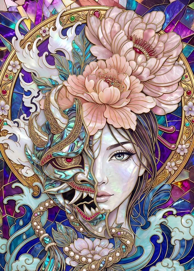 Stained Glass Hannya Mask Woman Portrait