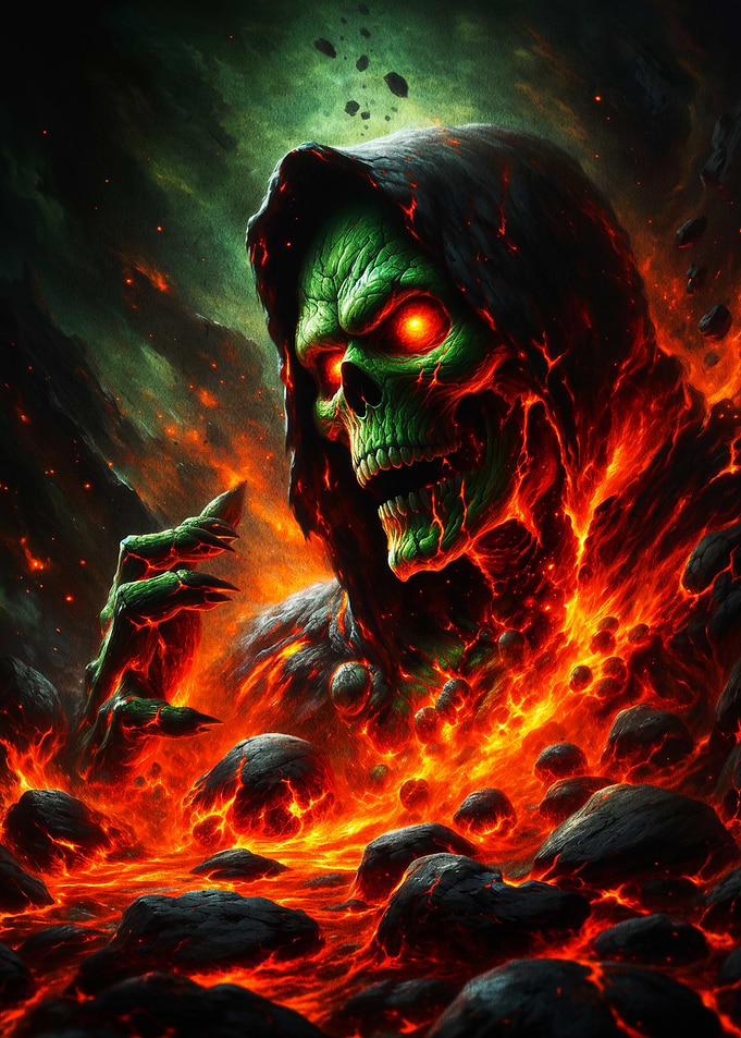 Skeletal Demon Rising from Lava