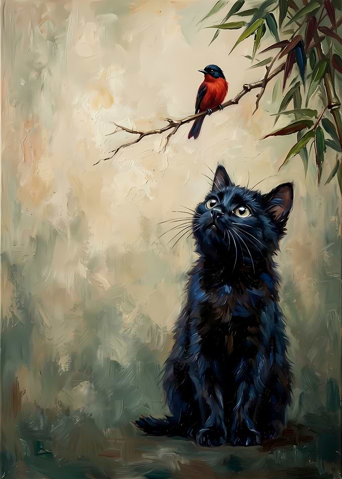Black Cat Watching a Small Bird