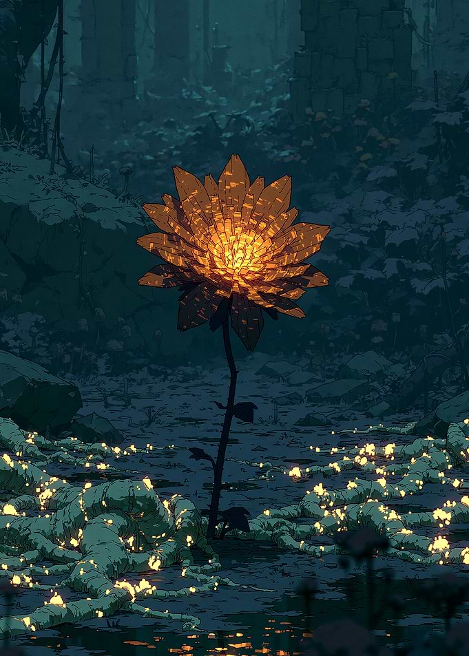 Glowing Golden Flower in Dark Forest