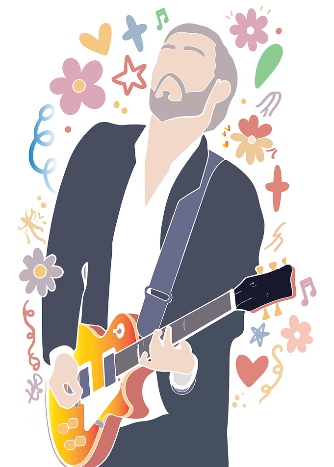 Bearded Guitarist with Whimsical Doodles