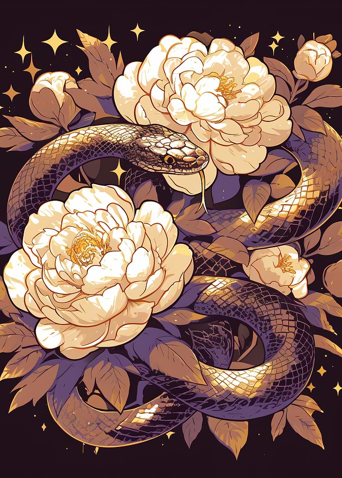 Snake Coiled Among Blooming Peonies
