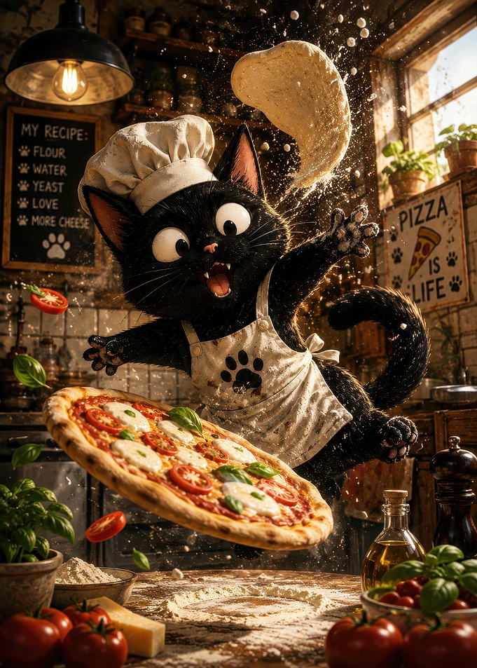 Cat Chef Making Pizza