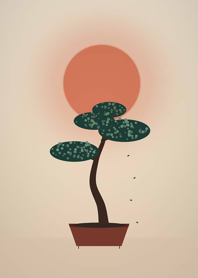 Minimalist Bonsai Tree with Sun