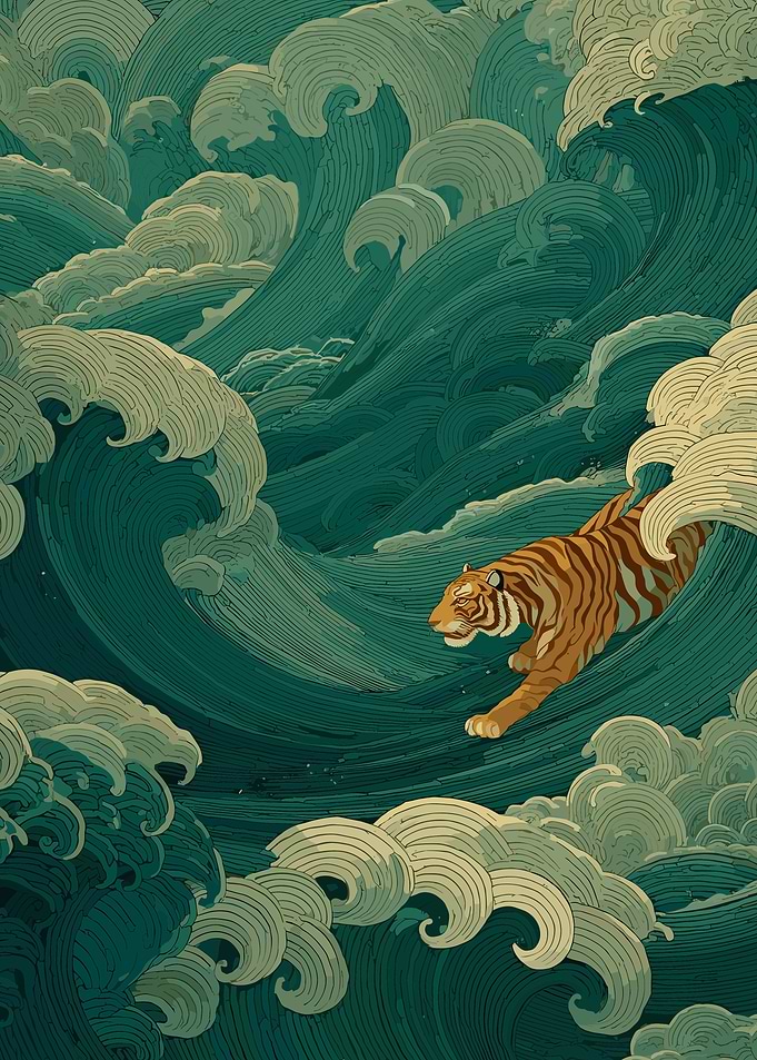 Tiger Surfing Through Great Wave