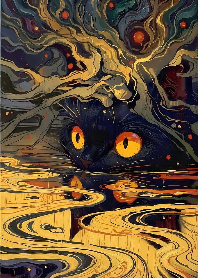 Mystical Black Cat in Golden Waters