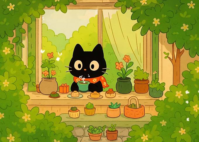 Cute Black Cat Having Tea