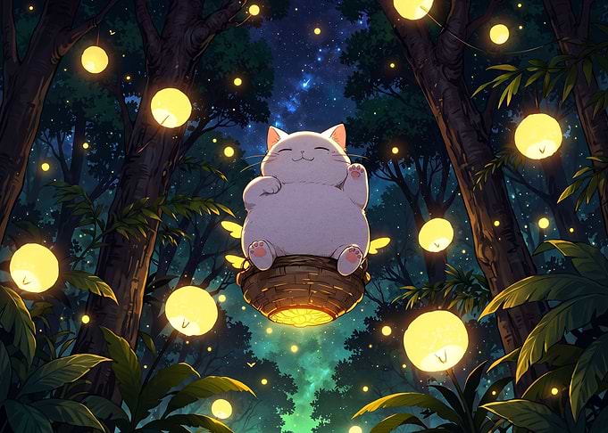 Cute Cat Floating in Magical Forest