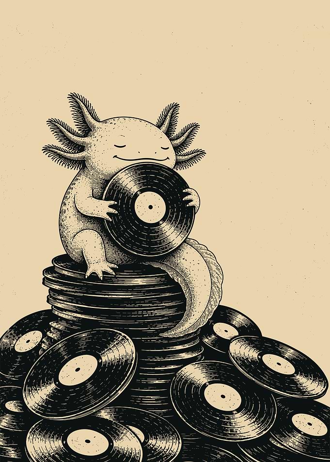 Cute Axolotl Vinyl Collector Vintage Wall Art Black Ink Music Lover Poster