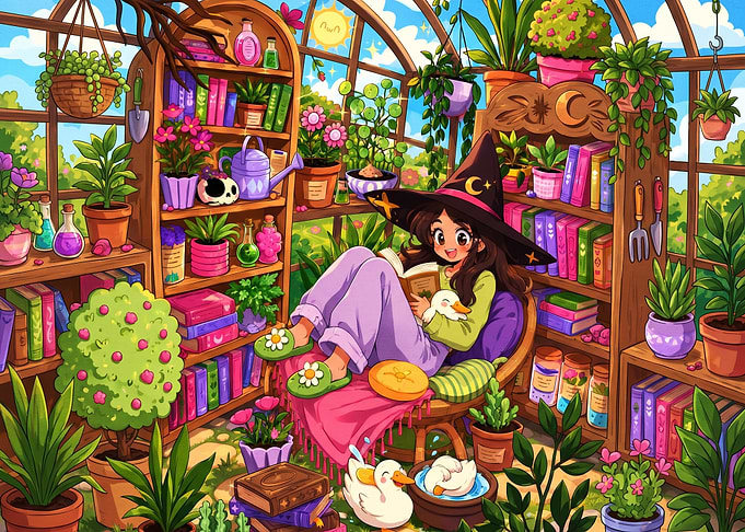 Witch Reading in a Cozy Greenhouse