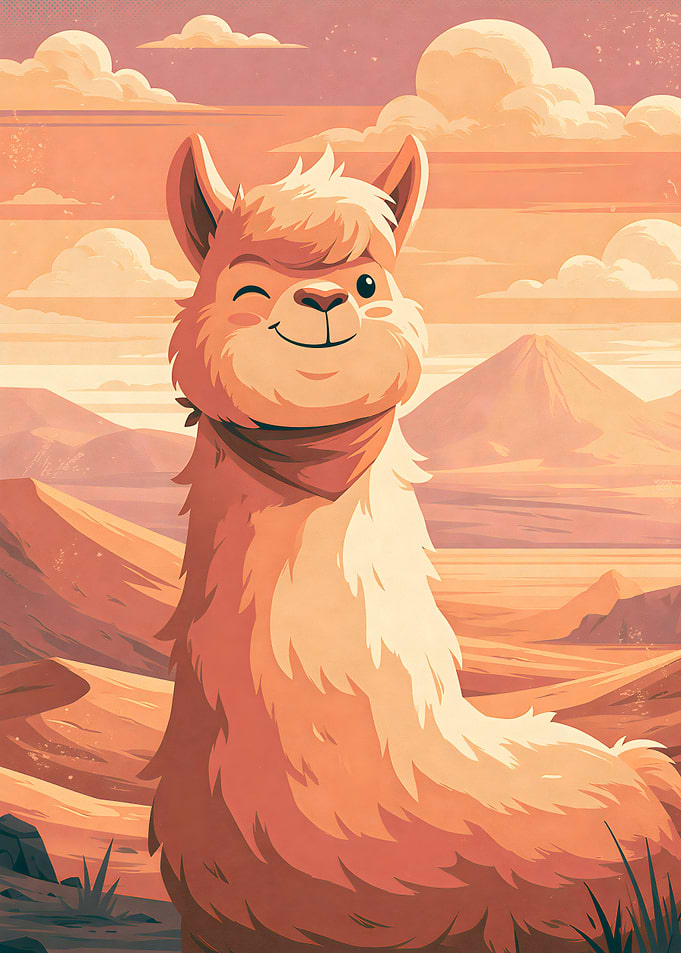 Winking Llama in Desert Landscape