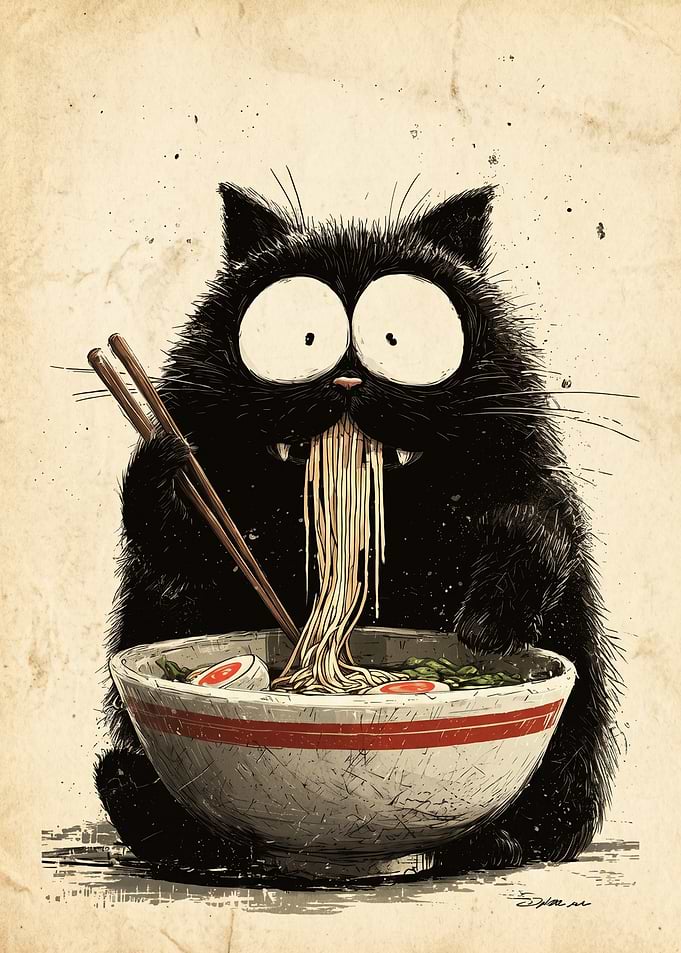 Black Cat Eating Ramen Noodles