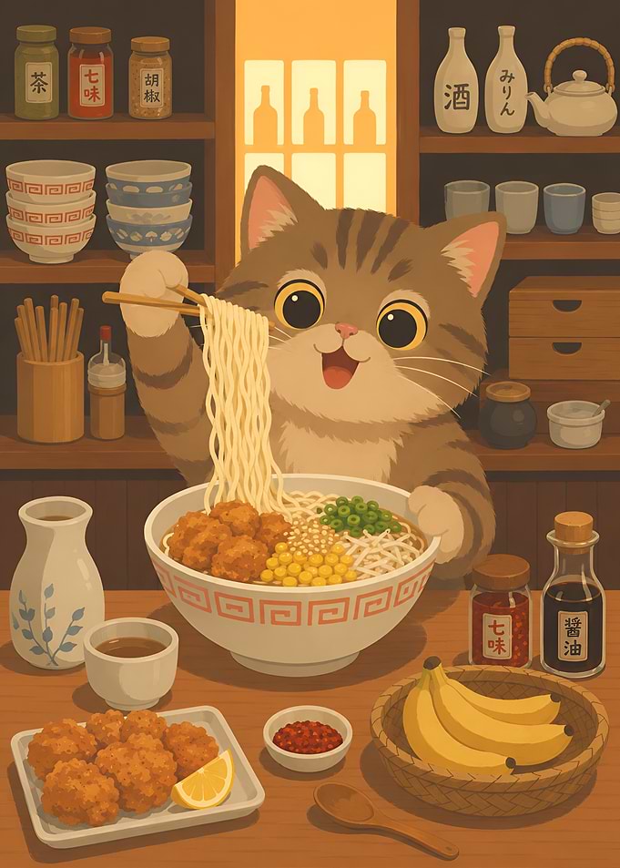 Cute Cat Eating Ramen Noodles