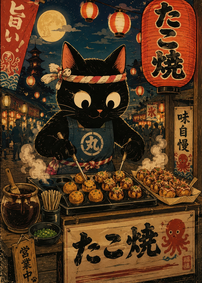 Black Cat Cooking Takoyaki Street Food