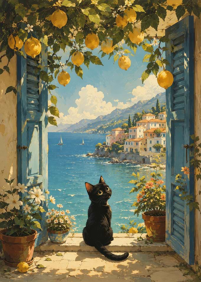 Black Cat Looking at Mediterranean Coast