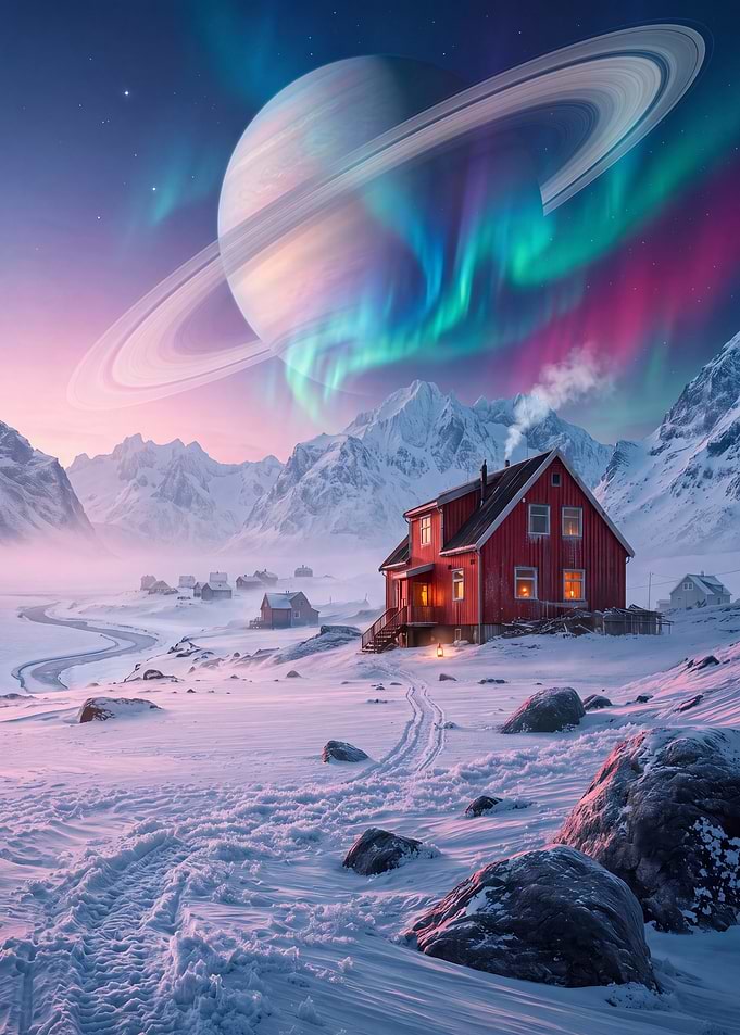 Red Cabin Under Saturn and Aurora