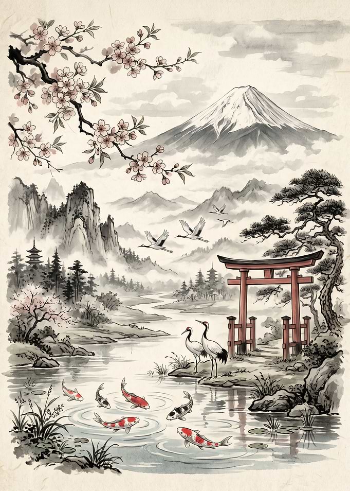 Traditional Japanese Landscape with Mount Fuji