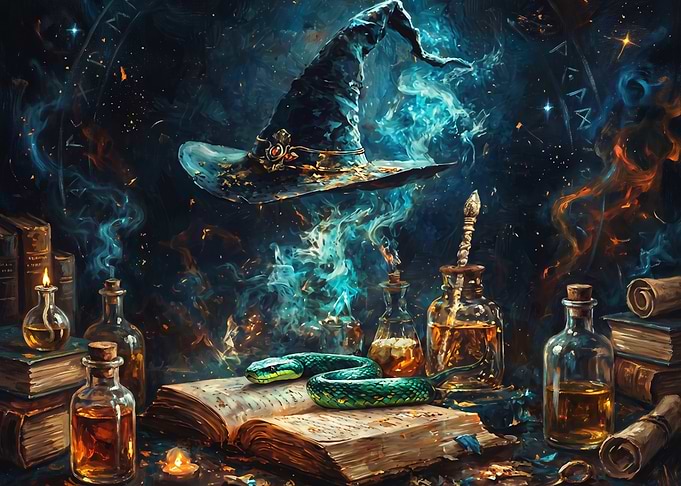Magical Wizard Study with Floating Hat