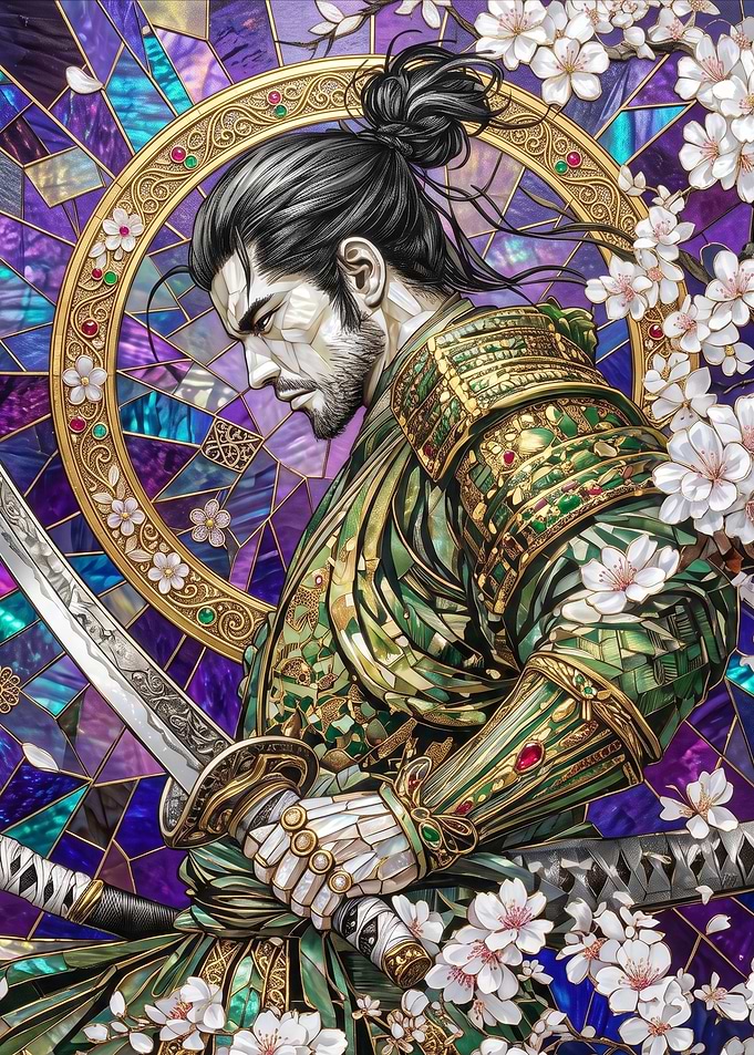 Stained Glass Samurai with Cherry Blossoms