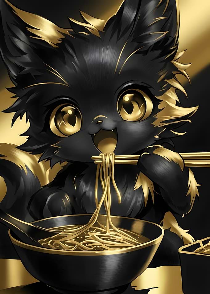 Cute Black and Gold Ramen Cat