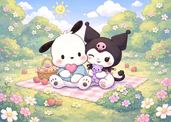Pochacco and Kuromi Picnic Illustration