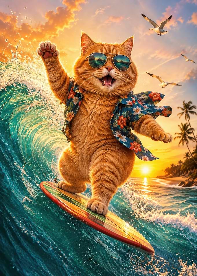 Surfing Ginger Cat at Sunset