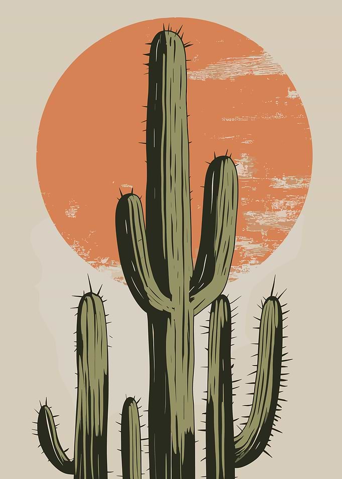 Minimalist Saguaro Cactus Desert Sunset Wall Art | Vintage Southwest Poster