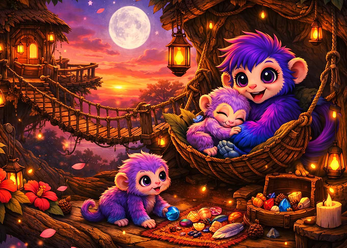 Cute Purple Monkeys in Treehouse
