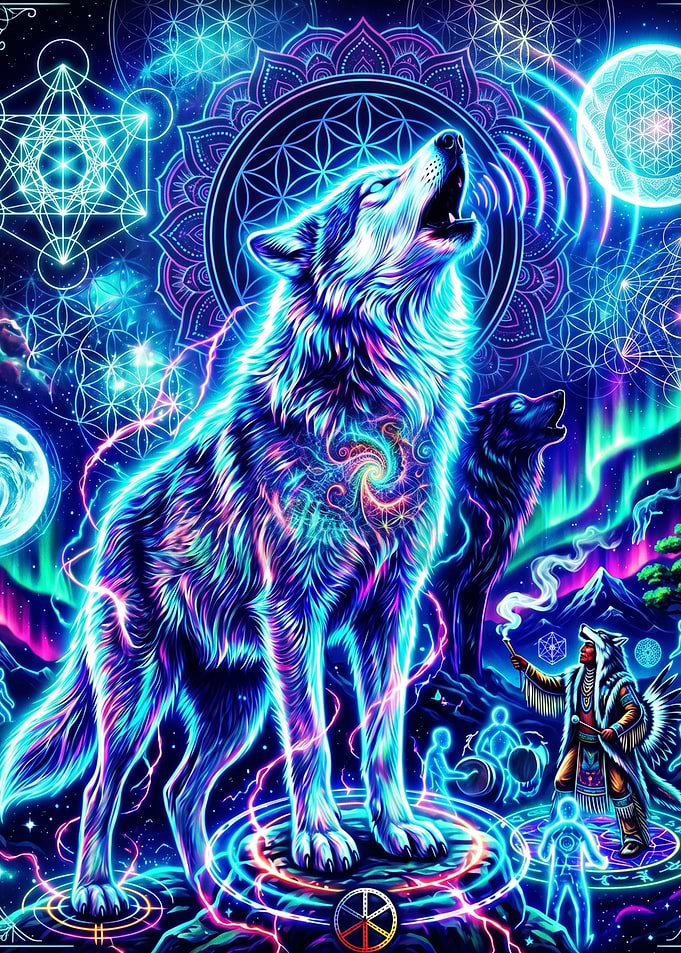 Neon Psychedelic Wolf Spirit Art