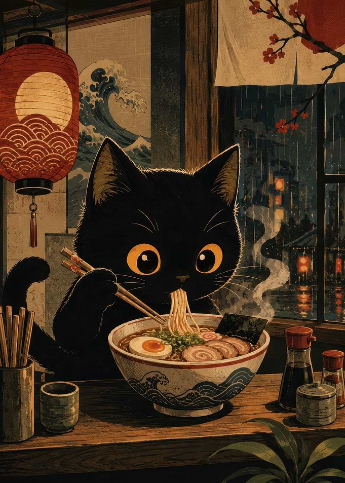 Cute Black Cat Eating Ramen